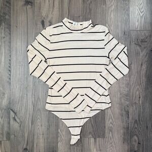 H M Ribbed Mock Neck‎ Long Sleeve Striped Bodysuit Cream Black Women S